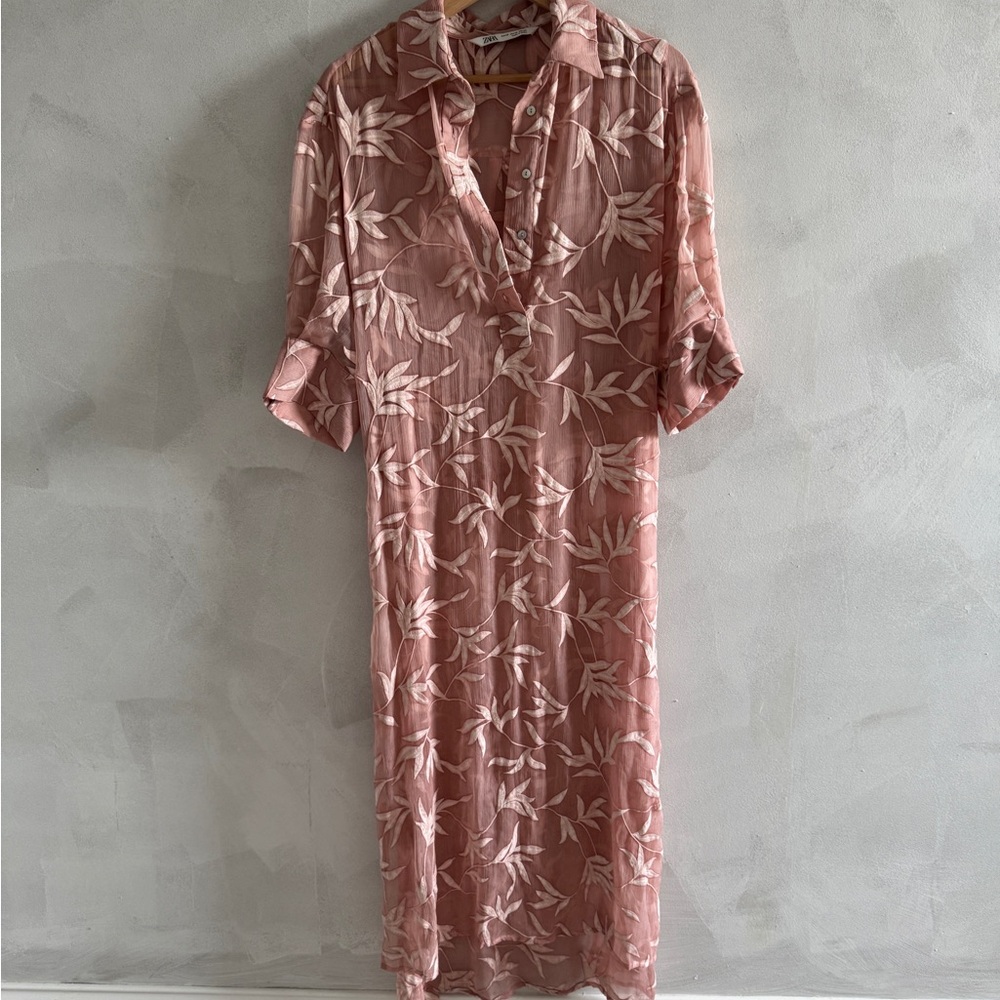 Pink floral belted embroidered sheer dress - XS